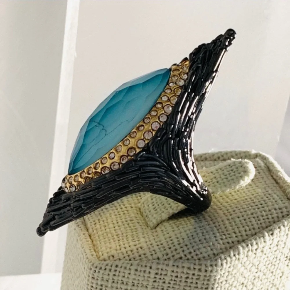 ALEXIS BITTAR Black Gunmetal Gold Doublet Turquoise Stone Maldivian Feather Ring